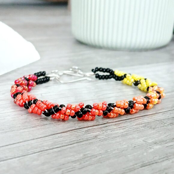 Adjustable Gradient Beaded Bracelet, Seed Bead Jewelry, Red Orange Yellow Black - Picture 12 of 12